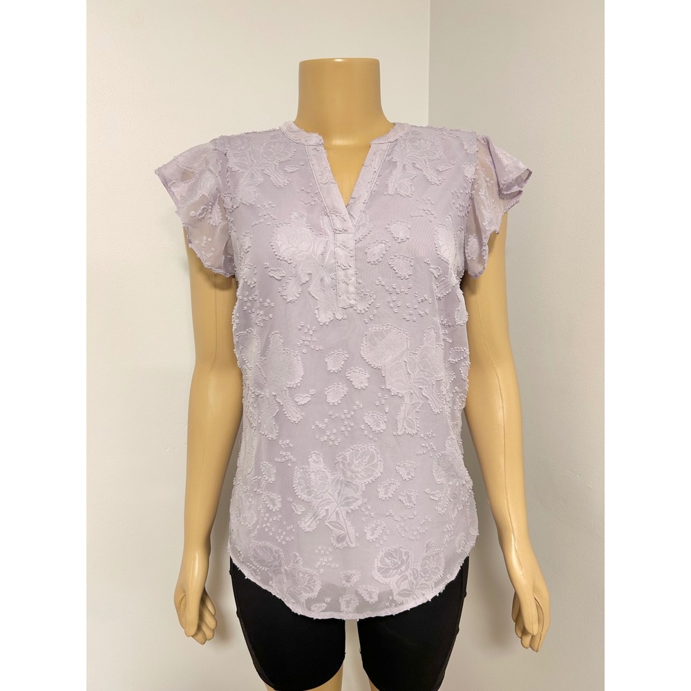 Lavender Purple Pastel Floral Burnout‎ Clip Dot Flutter Sleeve Blouse Small